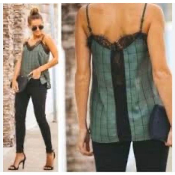 Vici Plaid Lace Cami Top, Medium. Olive and Black Anti-clean. Punk. Rebel - Picture 1 of 15